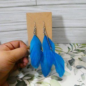 Blue Feather Pierced Earrings fish hook earrings.